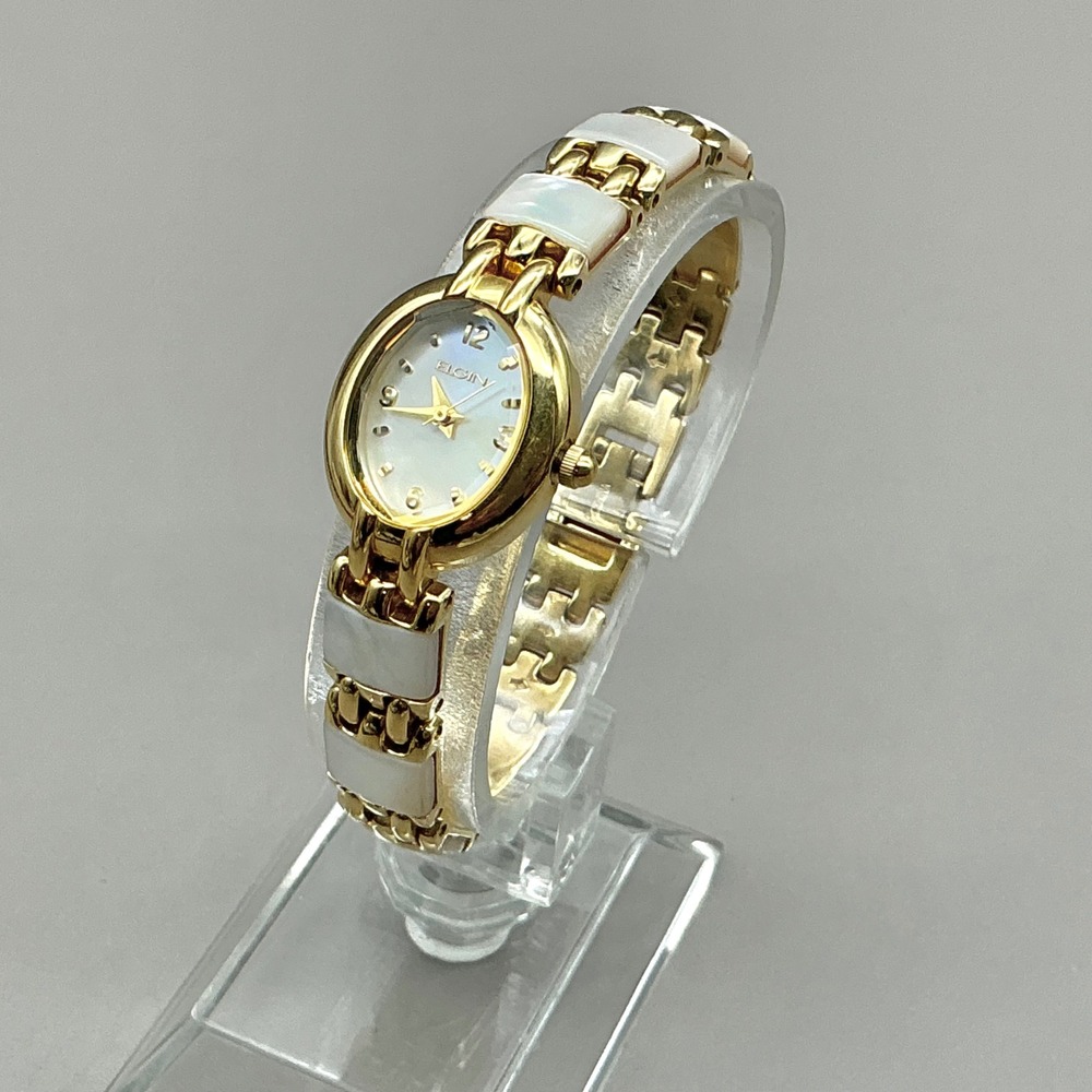 Elgin Watch Womens EG1085 Gold Tone Mother of Pearl MOP 24mm 7.25" NEW BATTERY